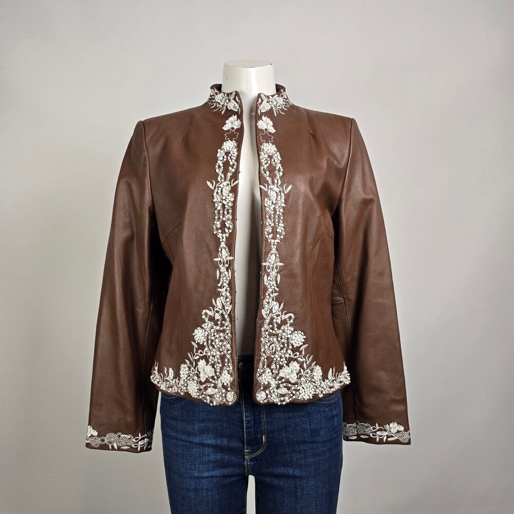 Guillaume Leather Jacket Brown Embroidered Floral Lace Detail Cropped Size M
